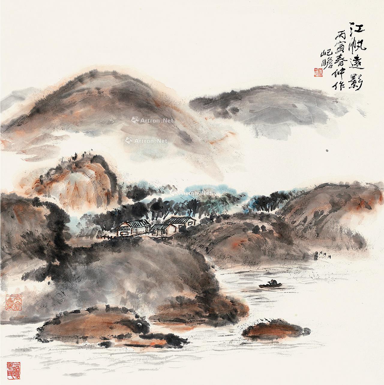 0294丙寅1986年作江帆远影立轴设色纸本
