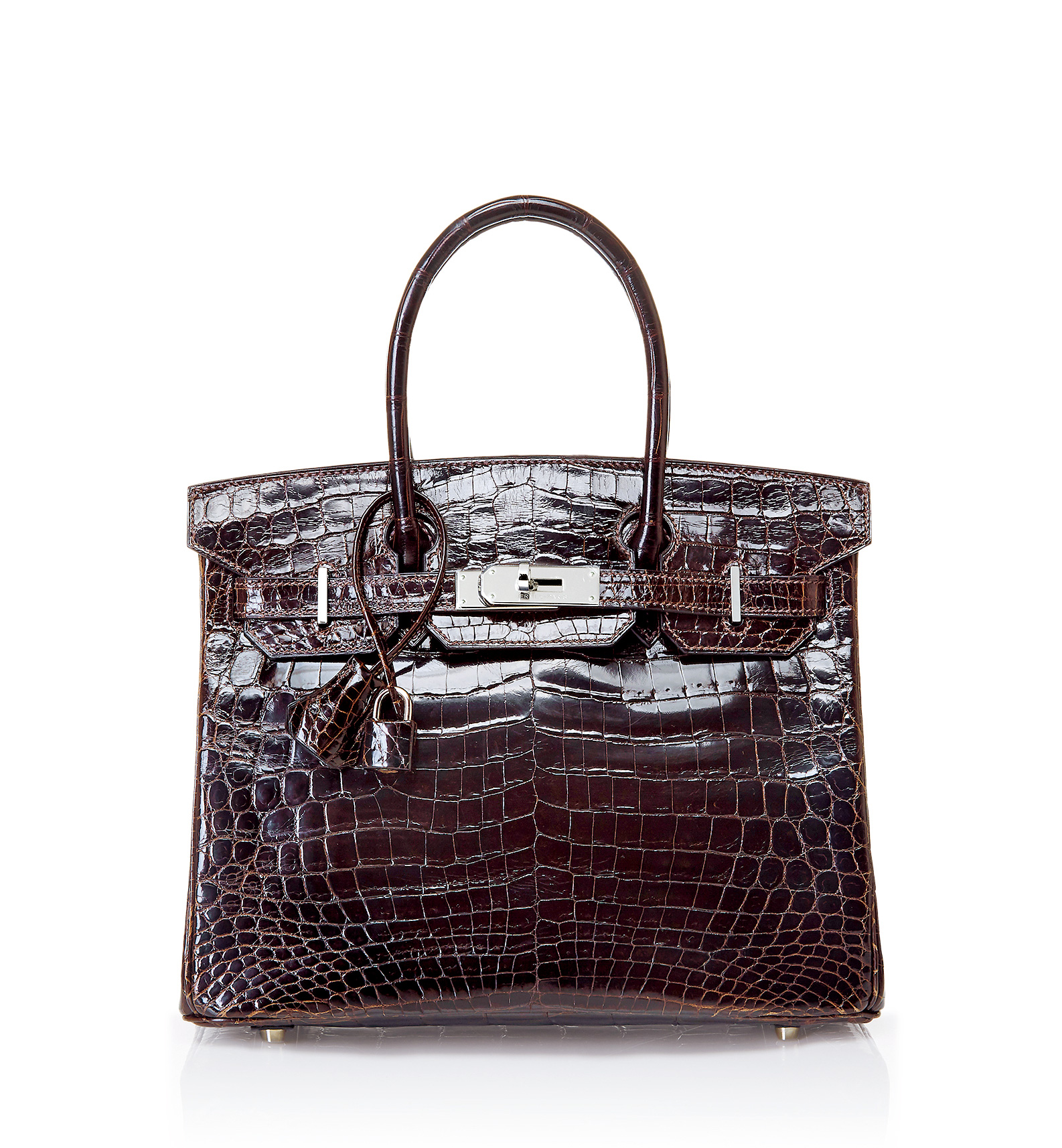 2599爱马仕2004亮面咖啡色尼罗鳄鱼皮30公分柏金包附银色金属配件