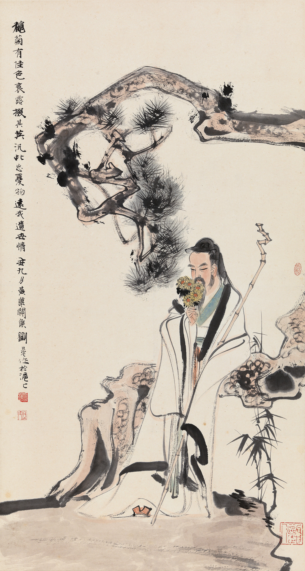 【乙丑(1985年)作 渊明赏菊 立轴 设色纸本】拍卖