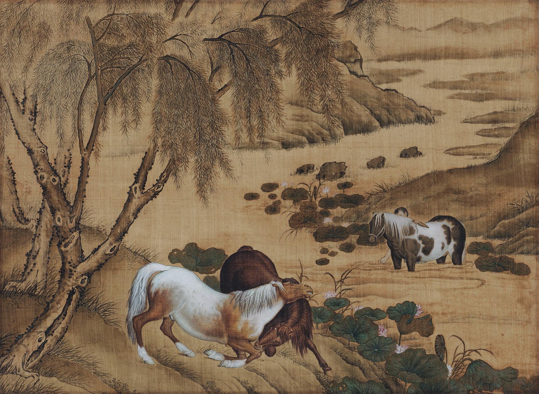 5127 柳荫浴马 镜心 设色绢本