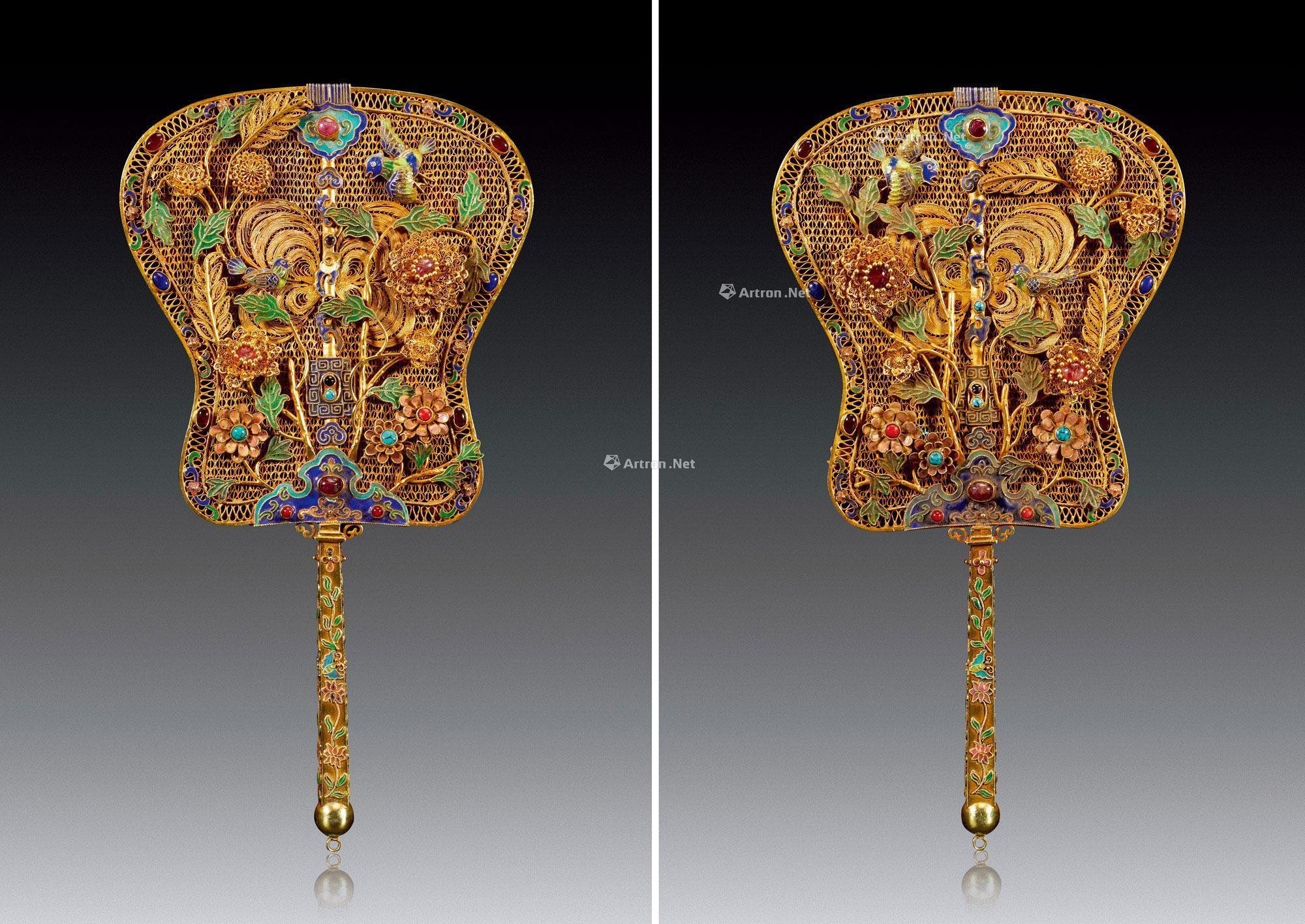 0336 清乾隆 铜鎏金嵌八宝点蓝扇