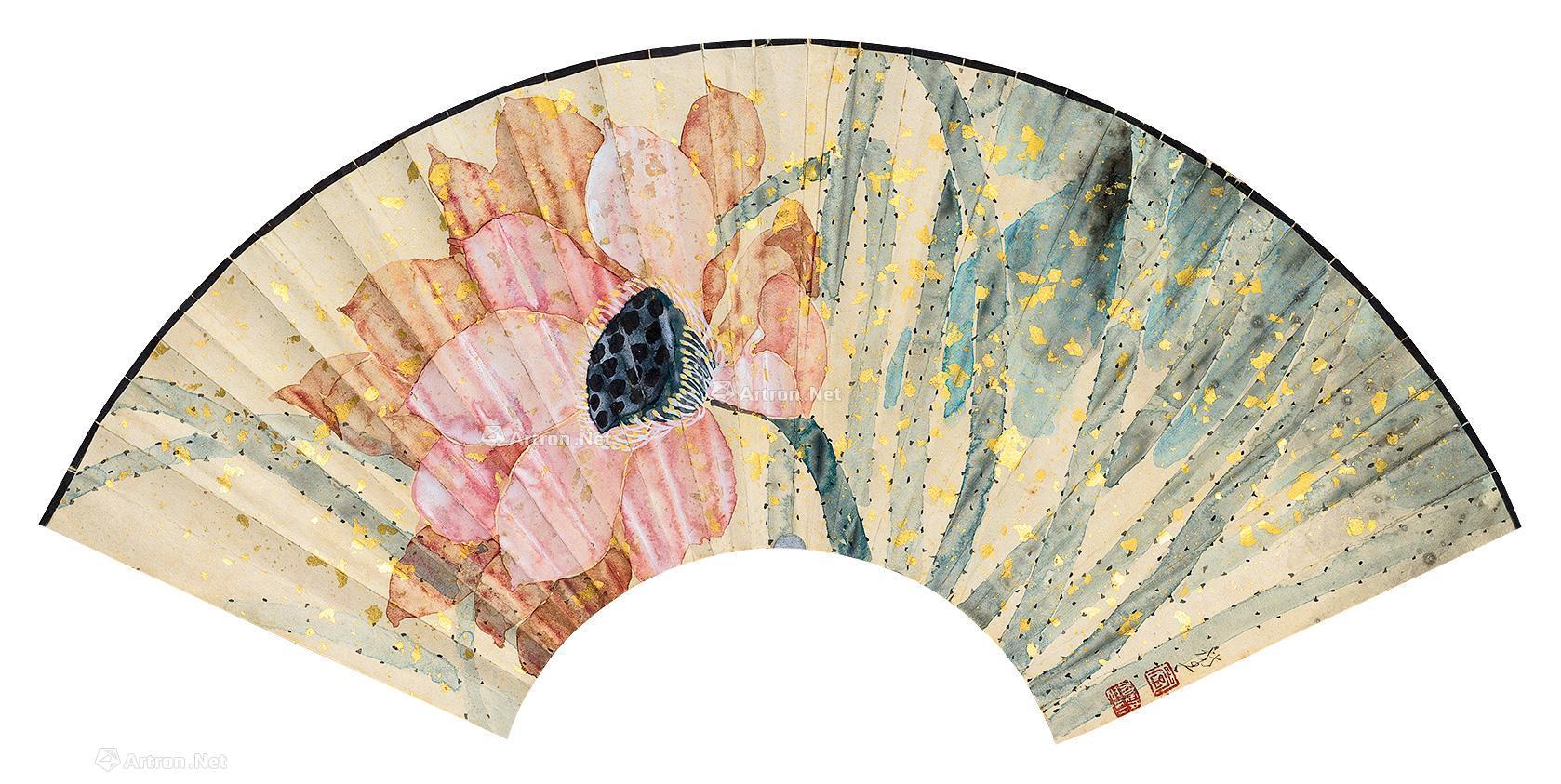0113荷花扇面扇面设色纸本