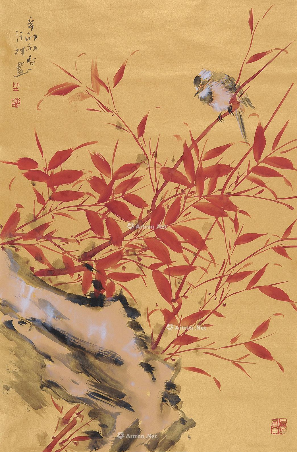 【辛卯(2001)年作 花鸟 镜片 泥金纸】拍卖品_图片_价格_鉴赏_绘画