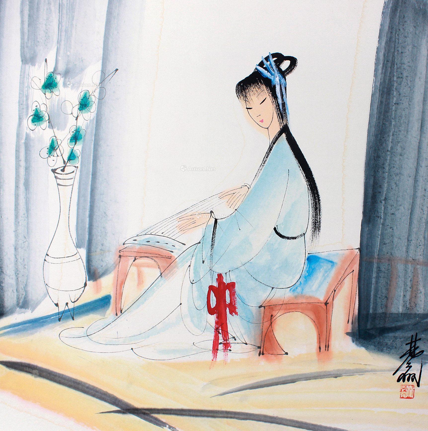 0220仕女抚琴图