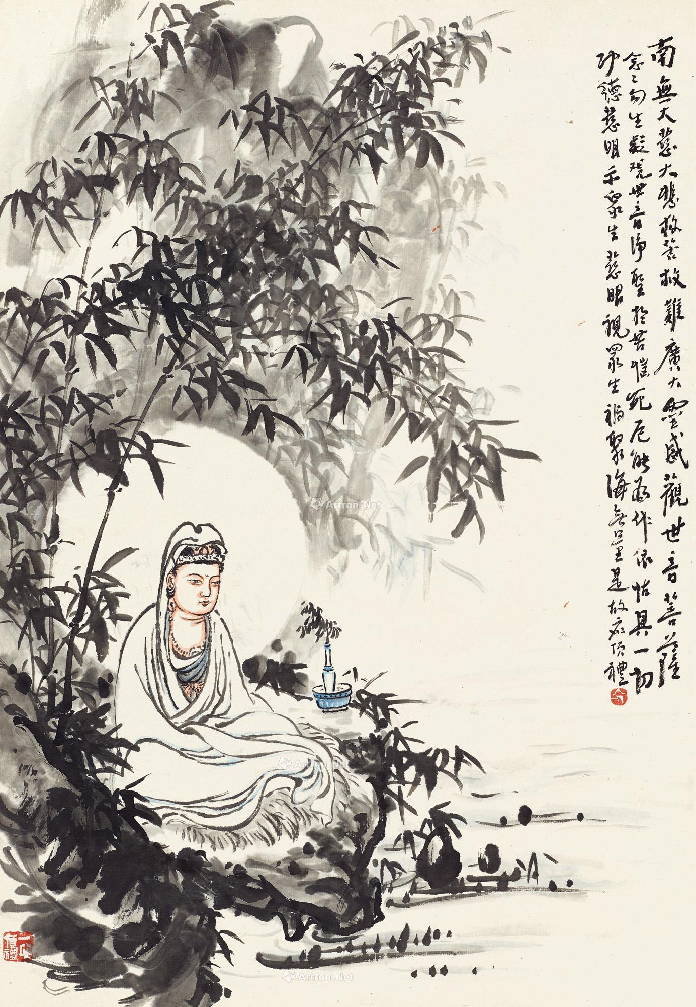 0010竹林观音立轴设色纸本