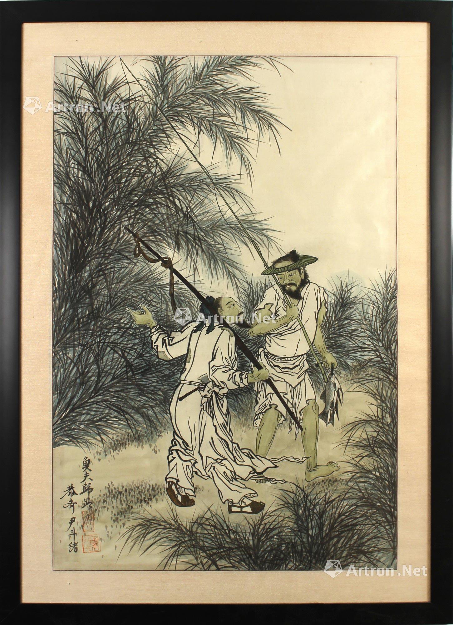 0148渔夫归路水墨绢本镜框