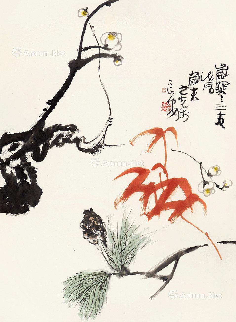 0002岁寒三友镜心设色纸本