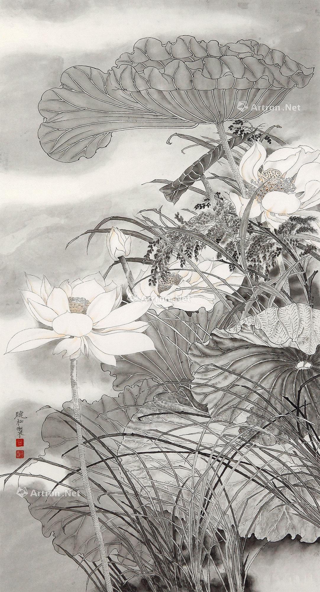 0253荷塘月色镜框设色纸本