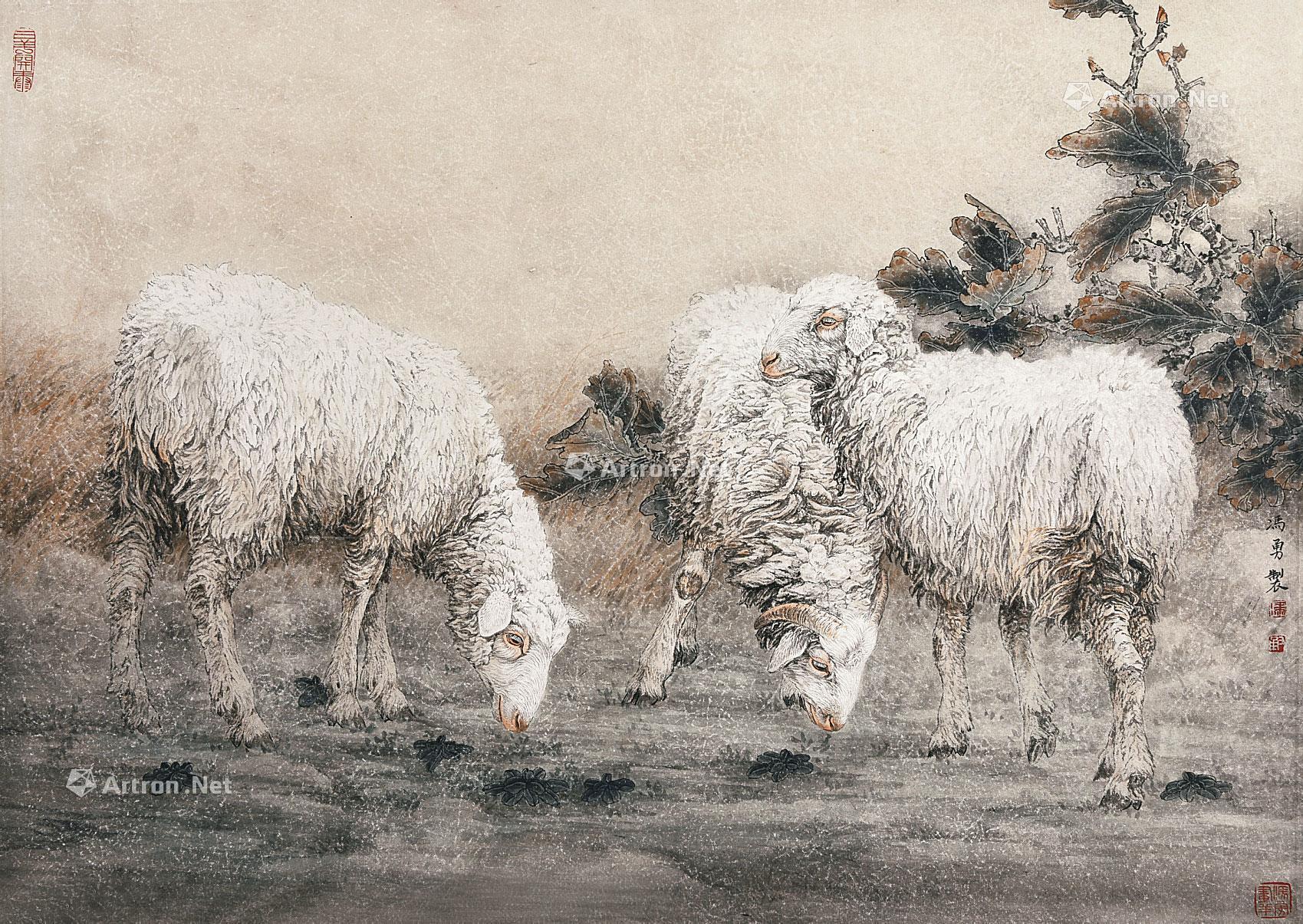 0053 三羊开泰 框 设色纸本