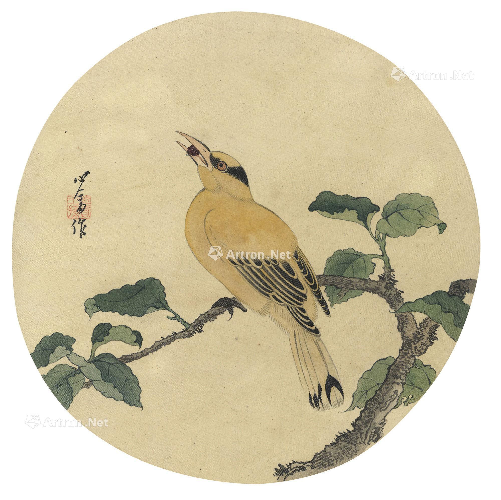 1447仿宋人桑枝黄鸟图团扇面镜框设色绢本