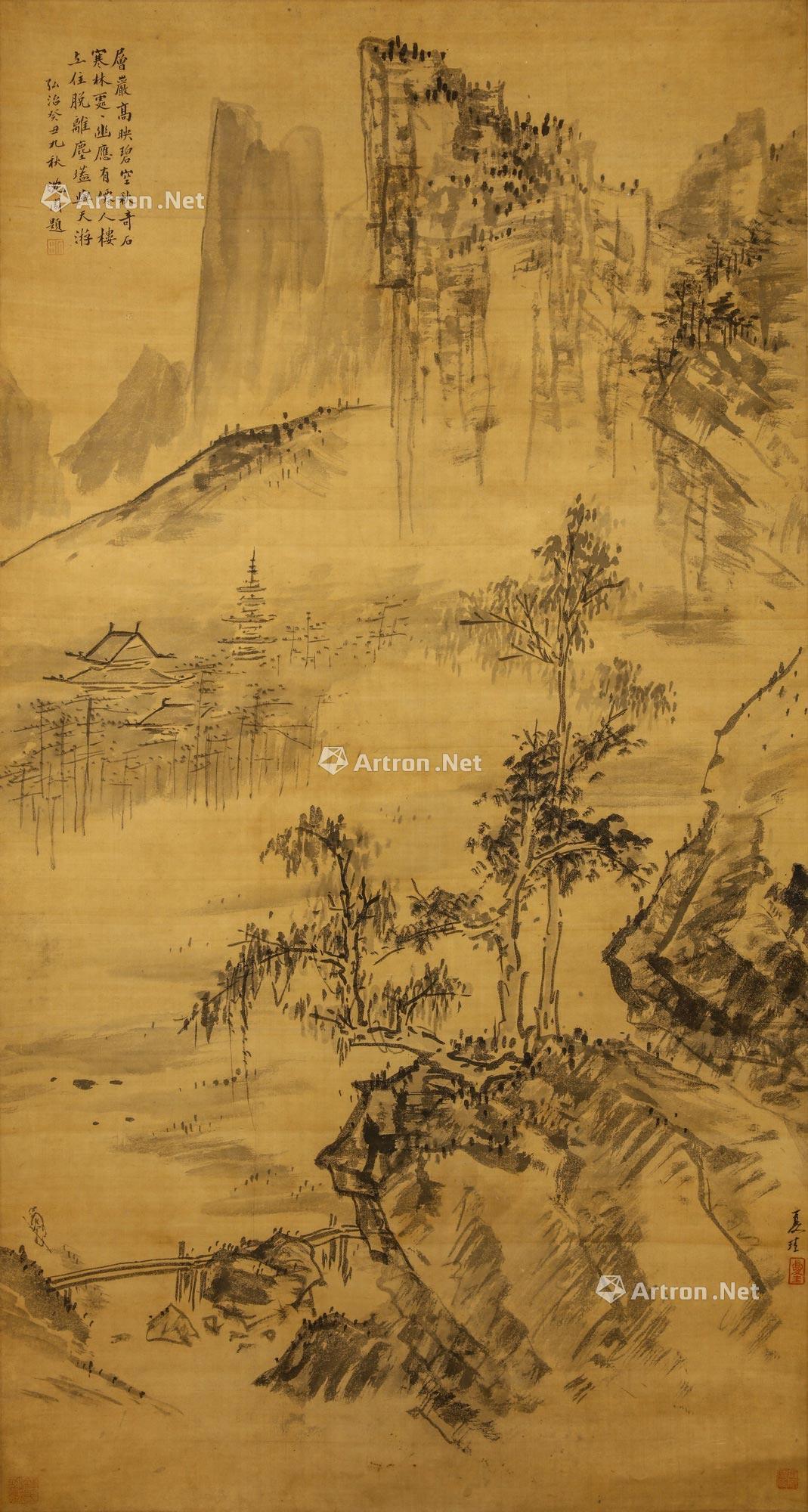 【秋山萧寺图 立轴 设色纸本】拍卖品_图片_价格_鉴赏_绘画_雅昌艺术品拍卖网