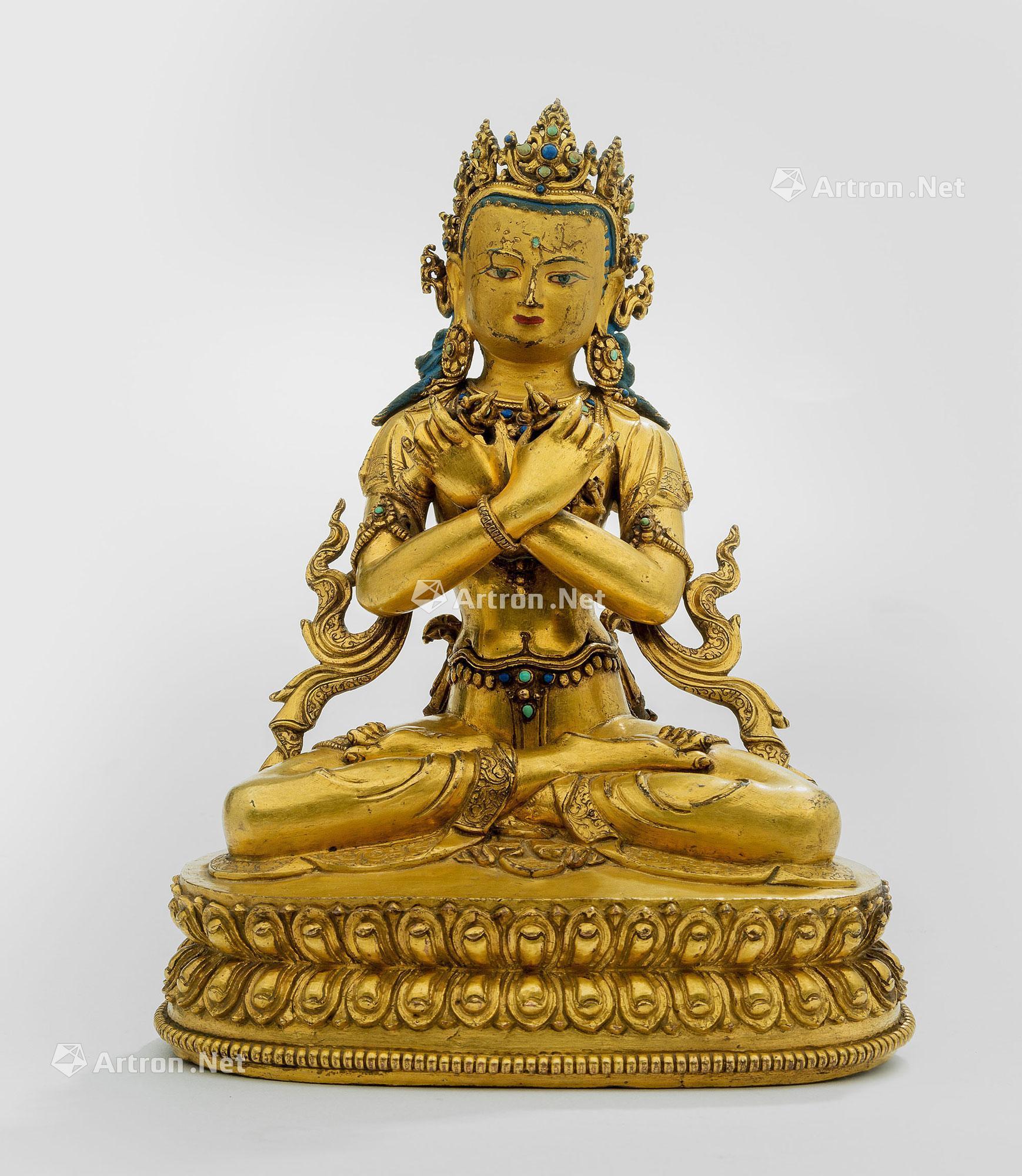 0052明16世纪西藏风格精美铜鎏金金刚总持全跏趺莲座坐像