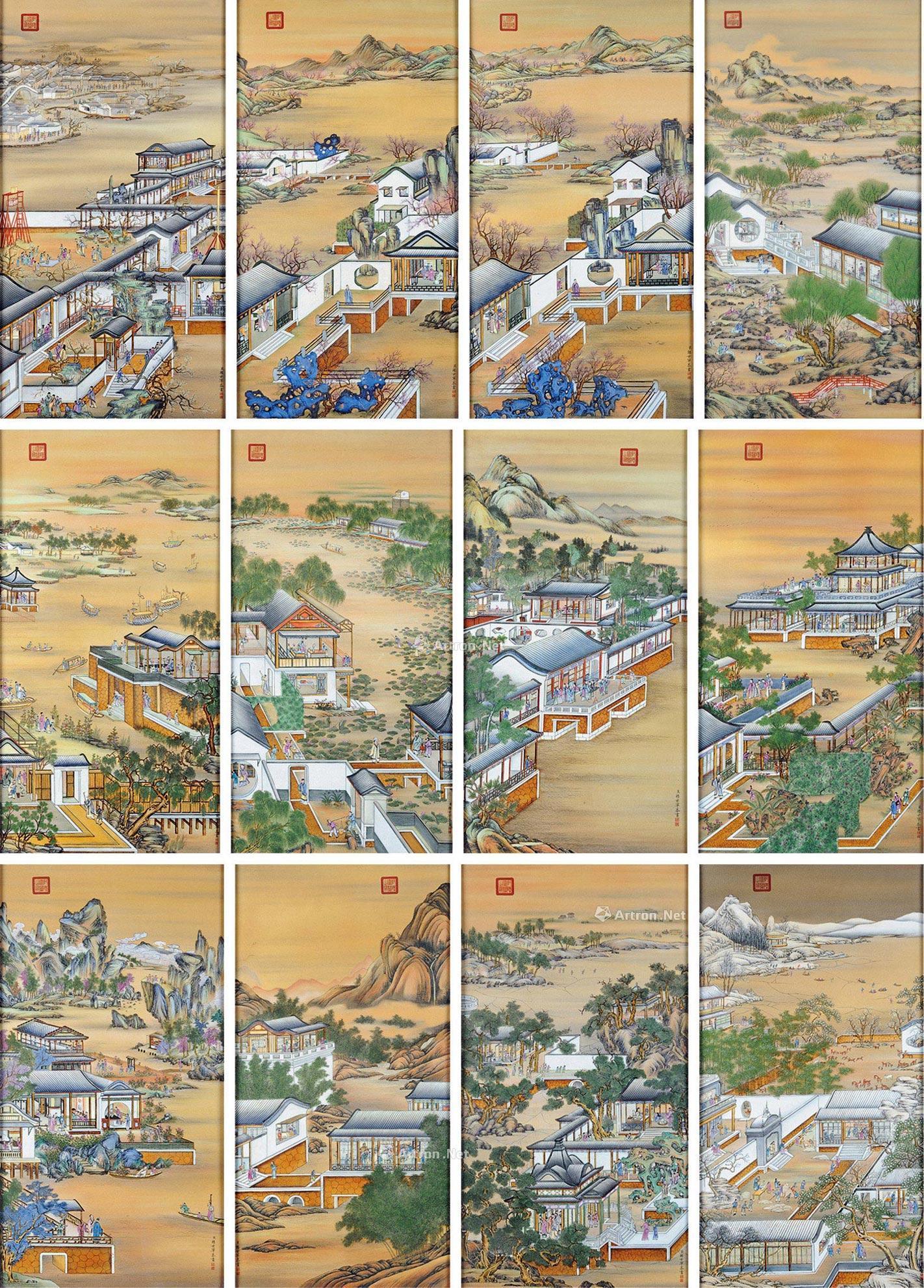 2053清雍正十二月令圆明园行乐图瓷板挂屏