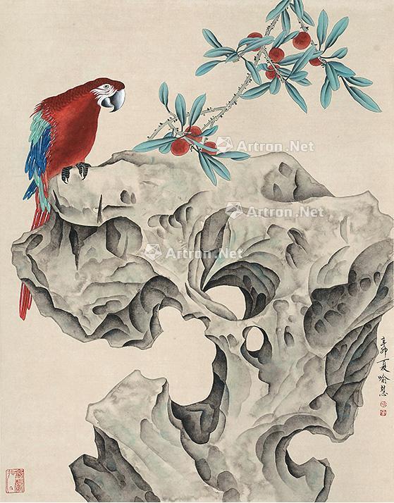 0851 太湖石鹦鹉 立轴