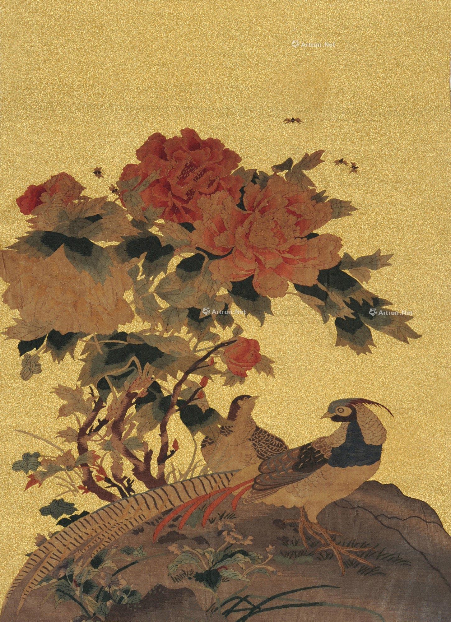 2585十九世纪金绿底缂丝锦鸡牡丹纹挂幅