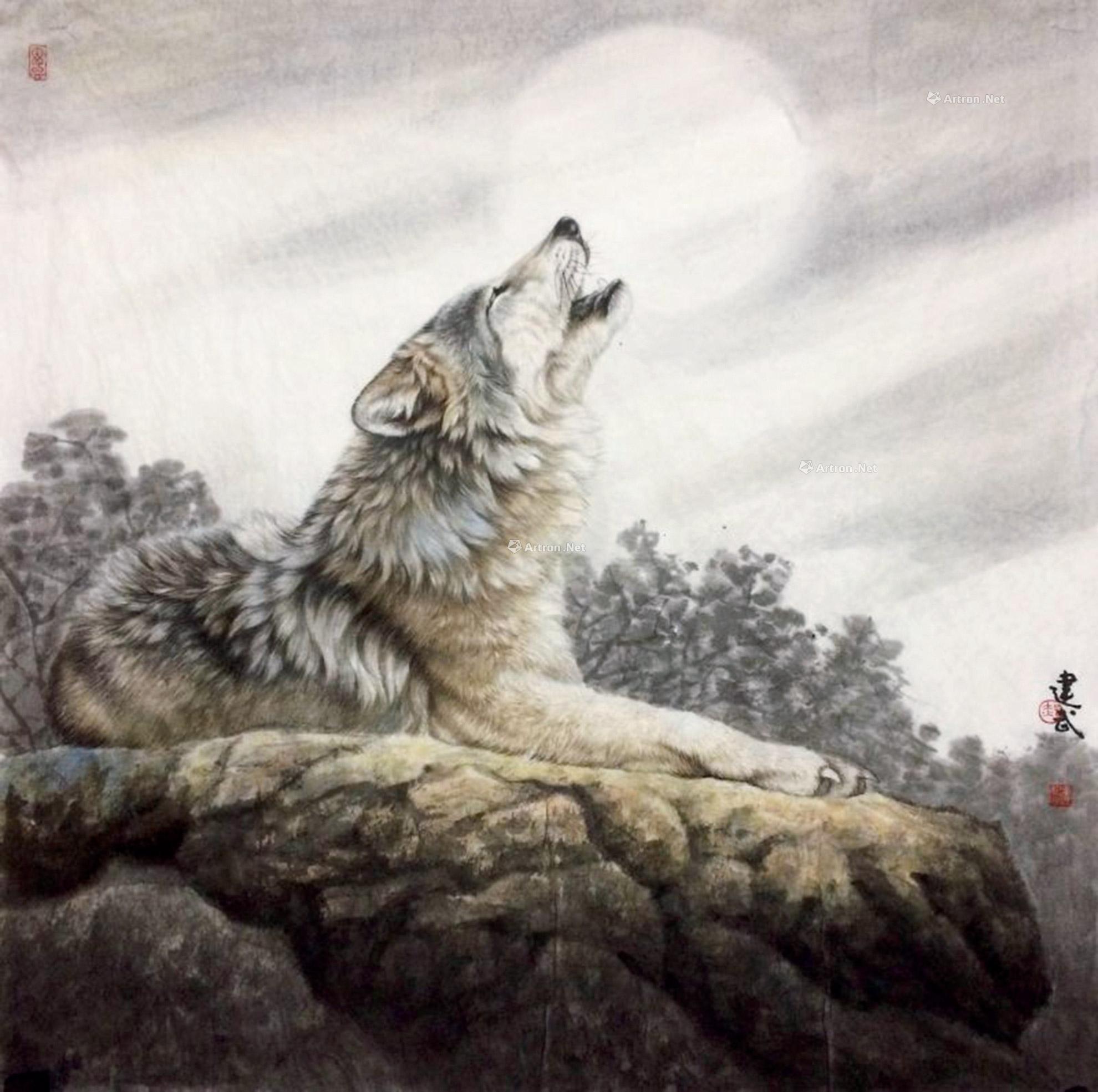 0105狼镜片设色纸本