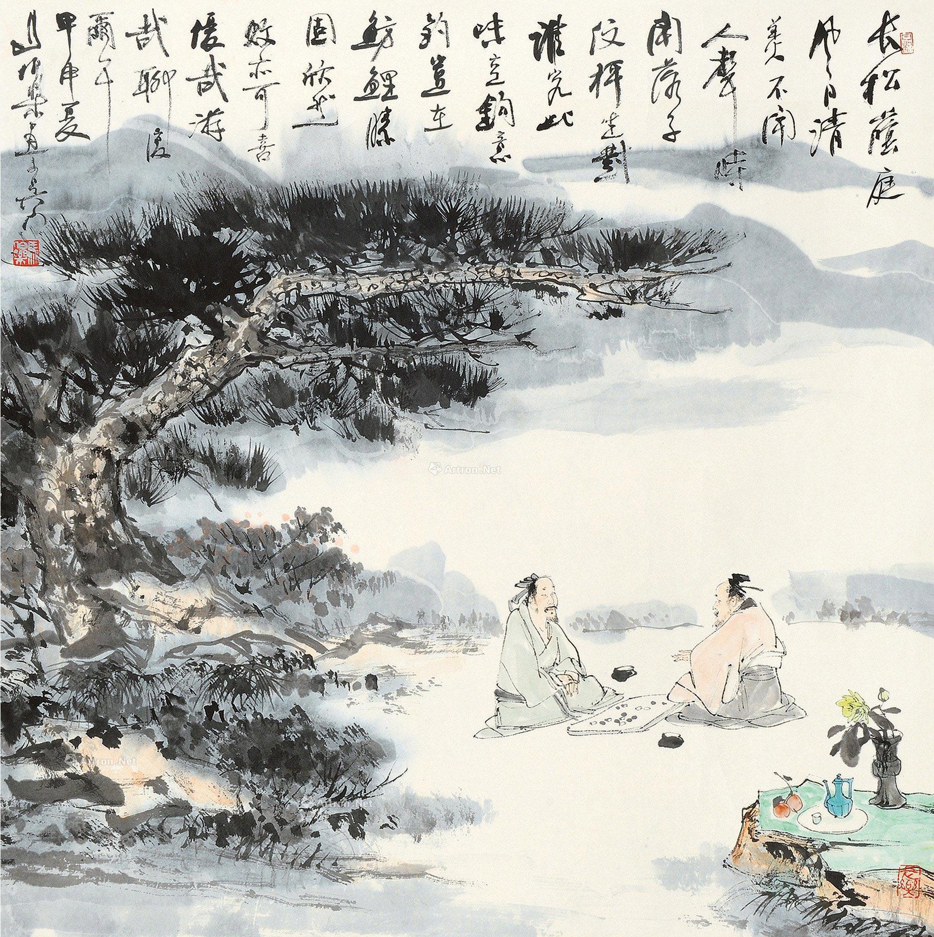 0731甲申2004年作对弈图镜片设色纸本