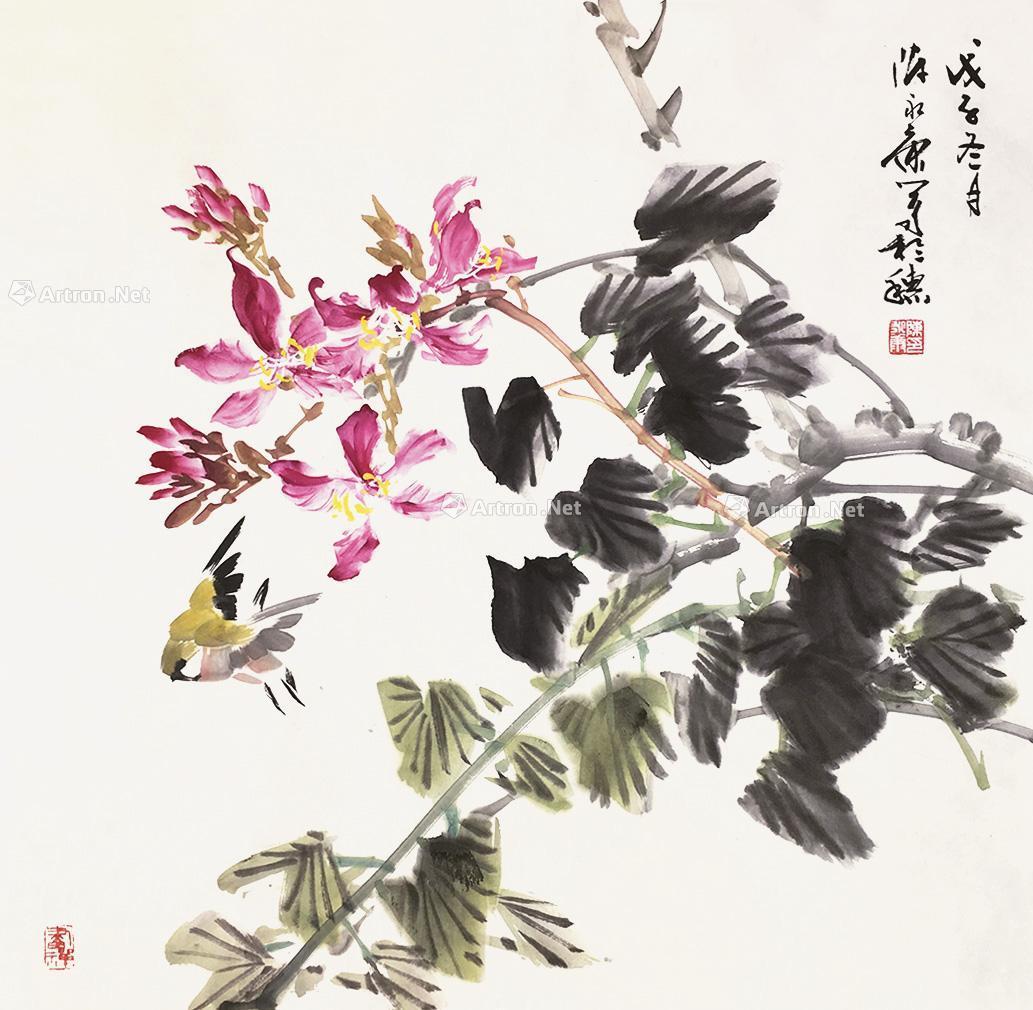 写意紫荆花树国画图片