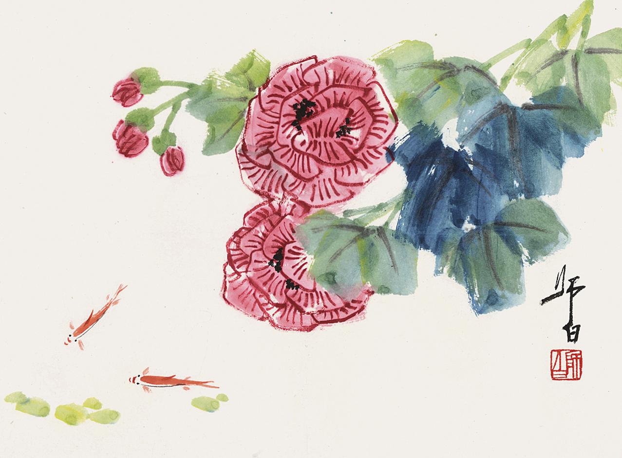 3521芙蓉游鱼镜心水墨纸本