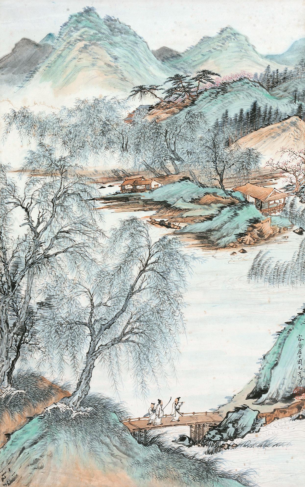 3620 访友图 立轴 设色纸本