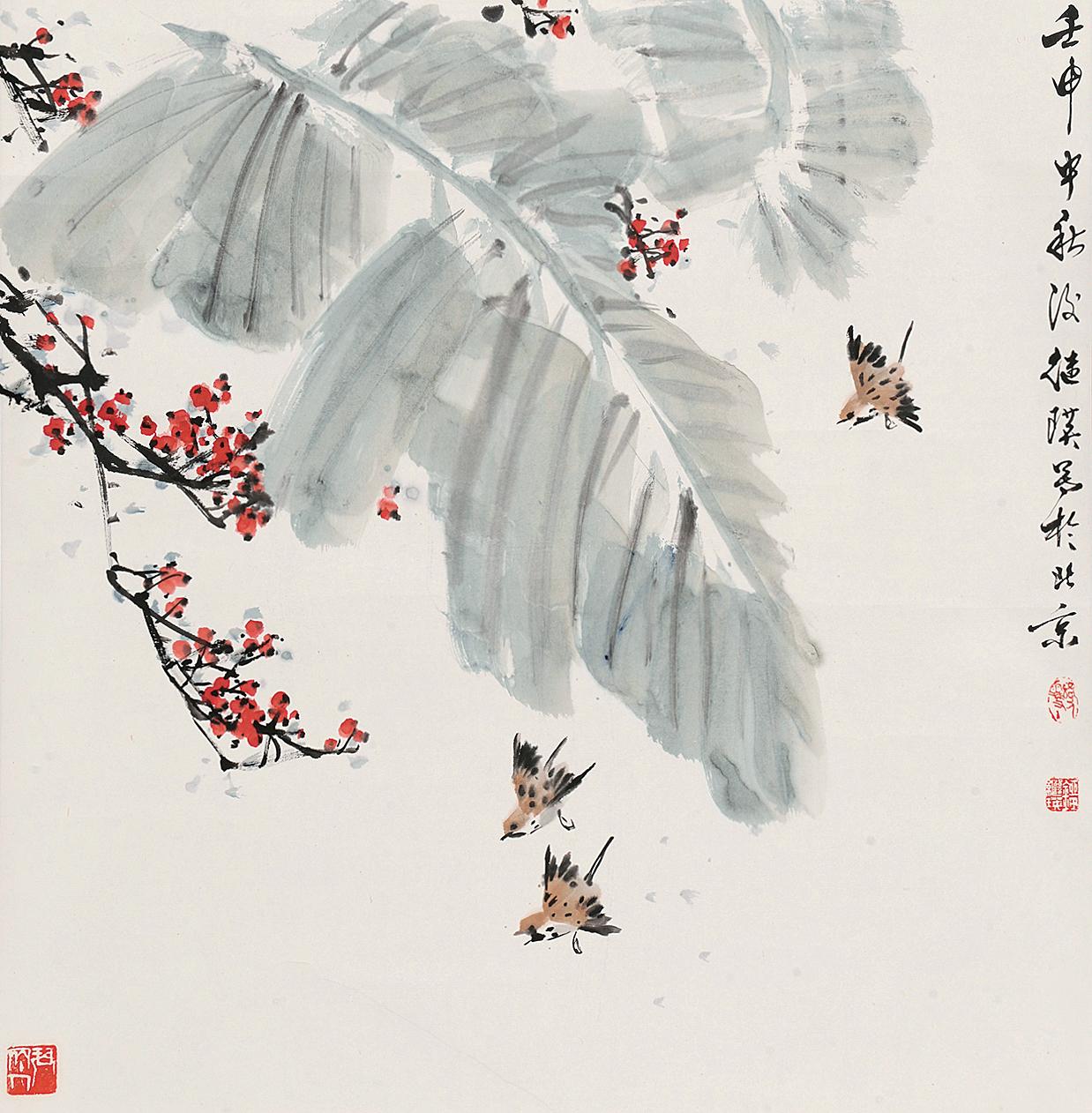 3730芭蕉飞雀立轴设色纸本