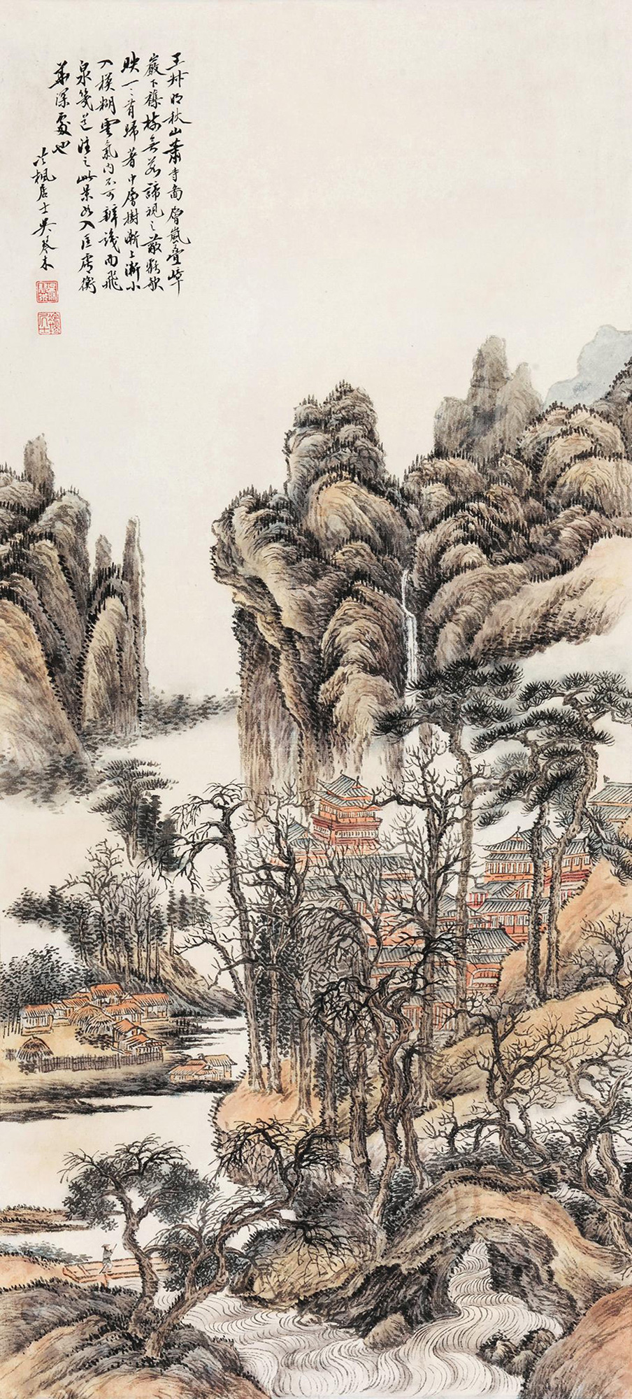 4401秋山萧寺立轴设色纸本