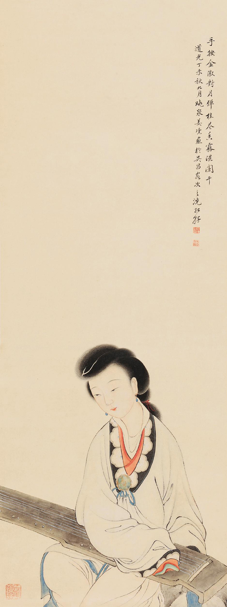 4466 抚琴仕女 立轴 设色纸本