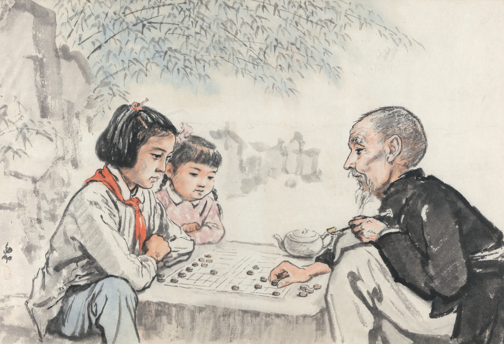 0323下棋镜心设色纸本