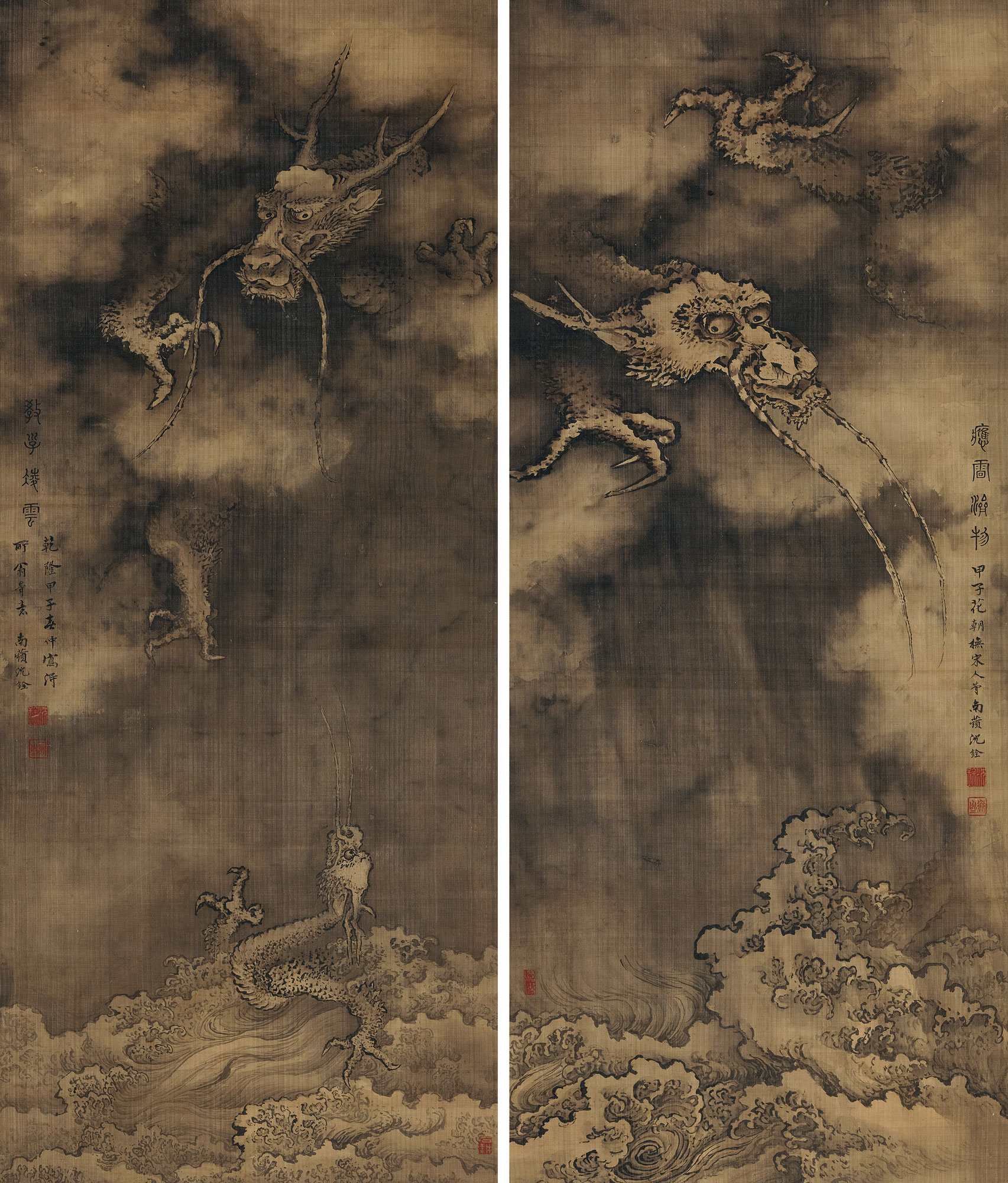 1509乾隆甲子1744年作墨龙图立轴对屏水墨绢本