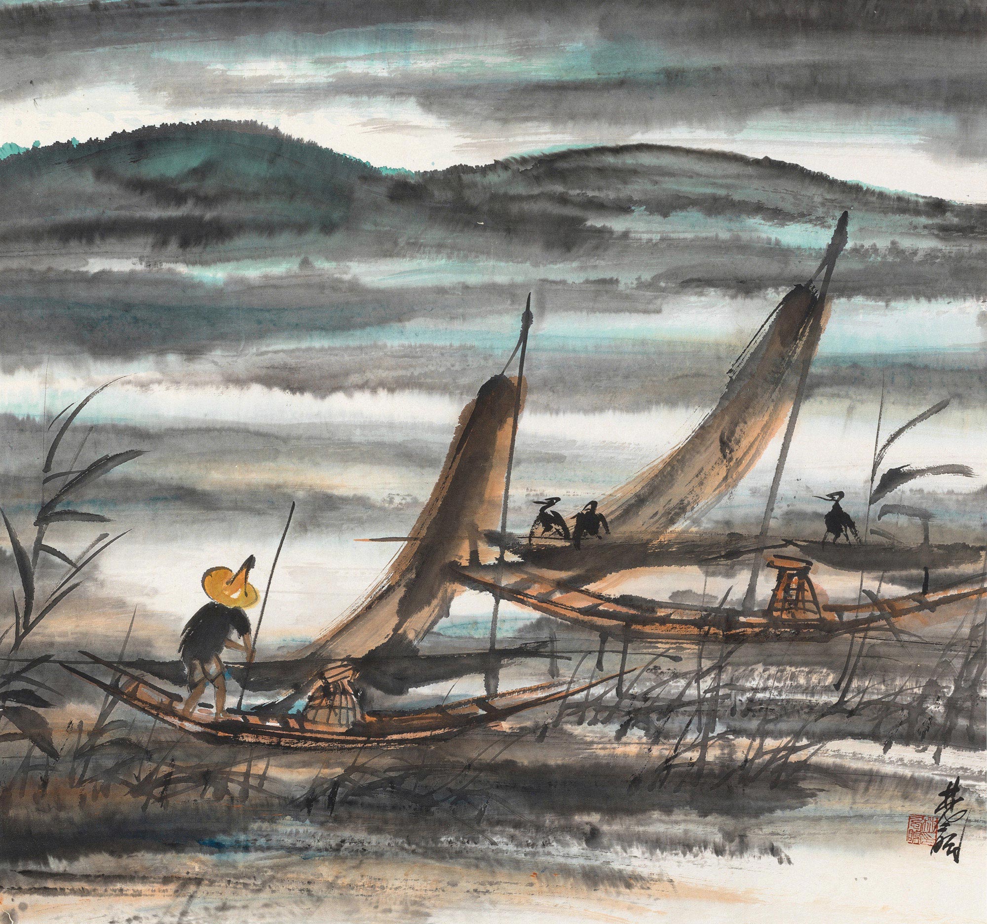 0046风景镜心设色纸本