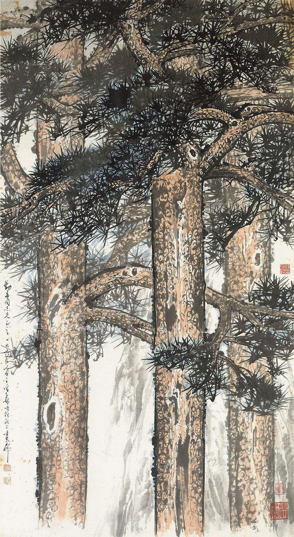 0075苍松镜框设色纸本