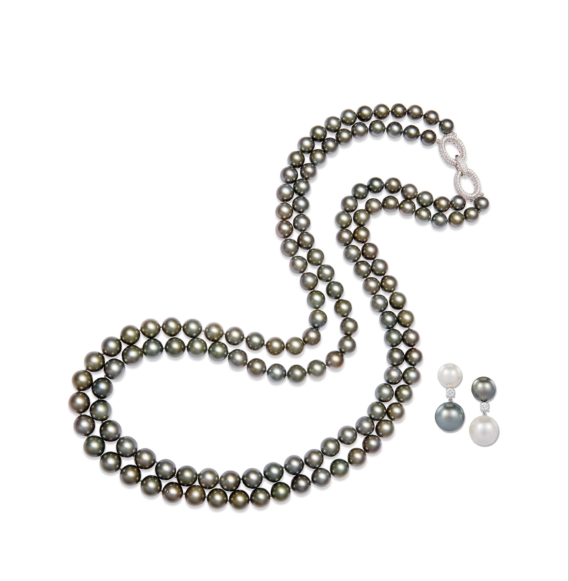 15187大溪地珍珠项链约12921051mm及大溪地及白色南洋珍珠配钻石耳环