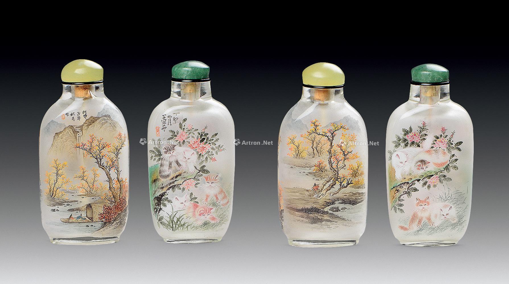 【内画山水人物,群猫玻璃烟壶 (各一只)】拍卖品_图片_价格_鉴赏_内画