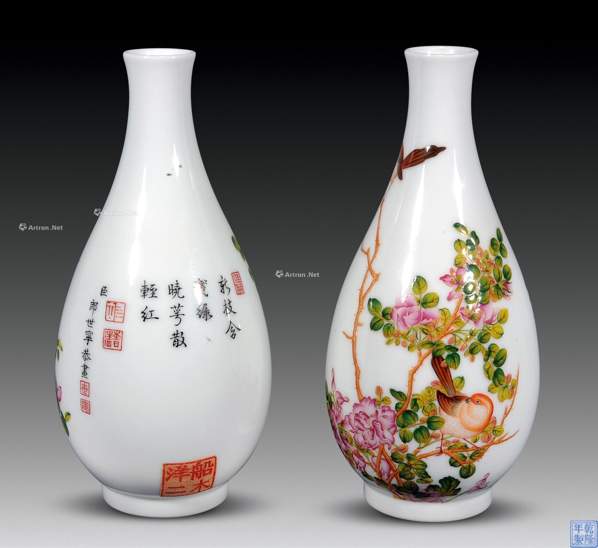 郎世宁款珐琅彩花鸟瓶 (一对)】拍卖品_图片_价格_鉴赏_民国瓷器_雅昌