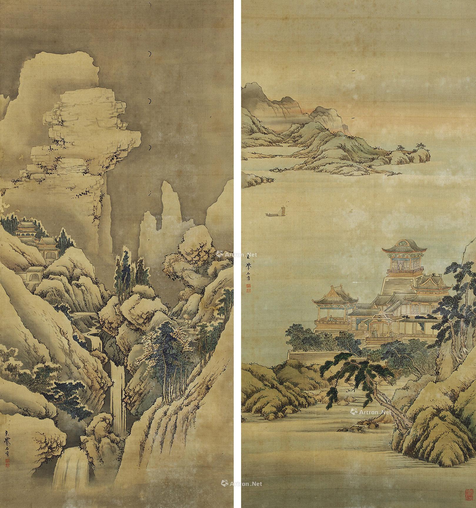 3495 岳阳夕晖 天台石桥 (两幅) 立轴 设色绢本