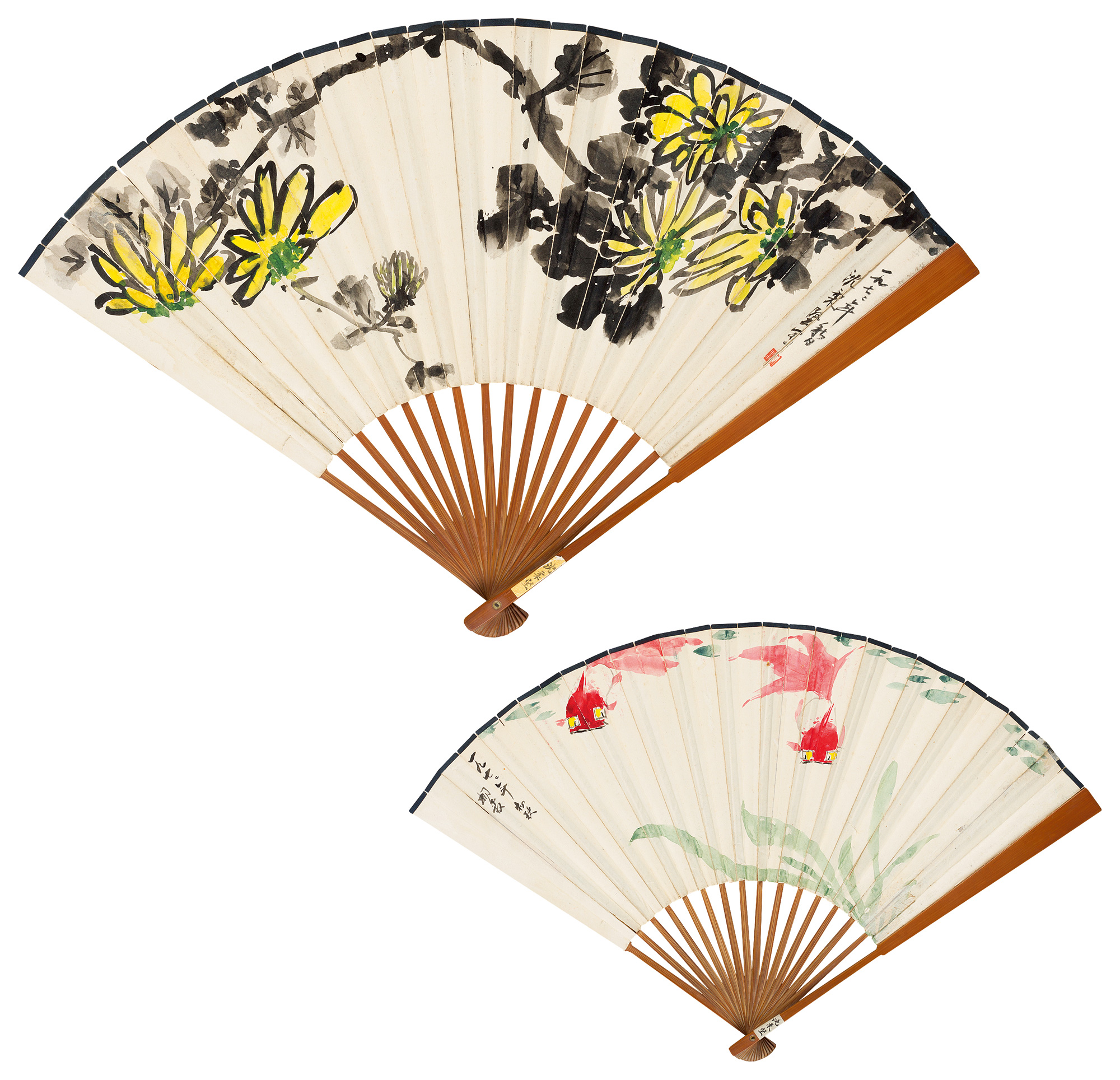 06521977年作菊花图金鱼成扇纸本