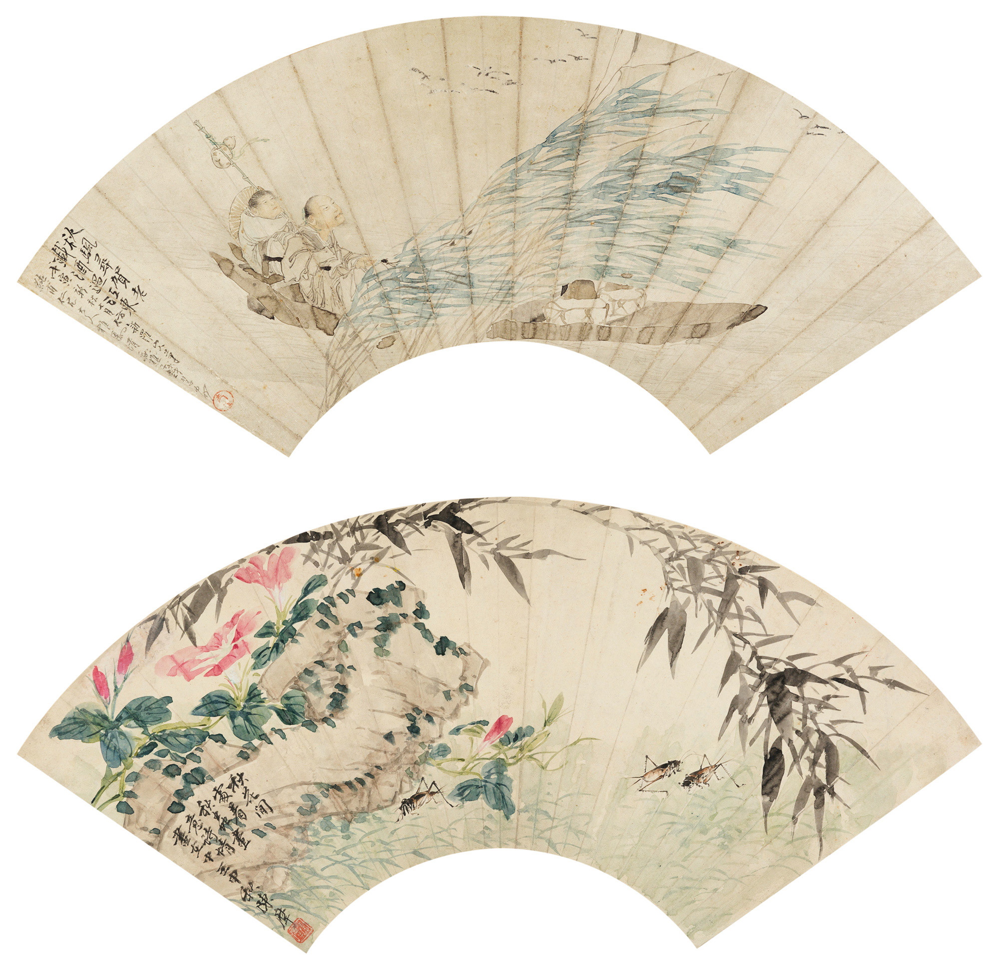 *1406 壬申(1932年),戊寅(1878年)作 草虫花卉 载酒过江东 扇面 纸本