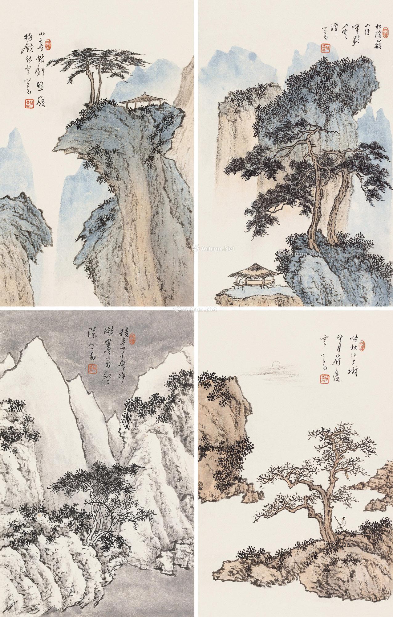 0046山水小品四帧镜心设色纸本