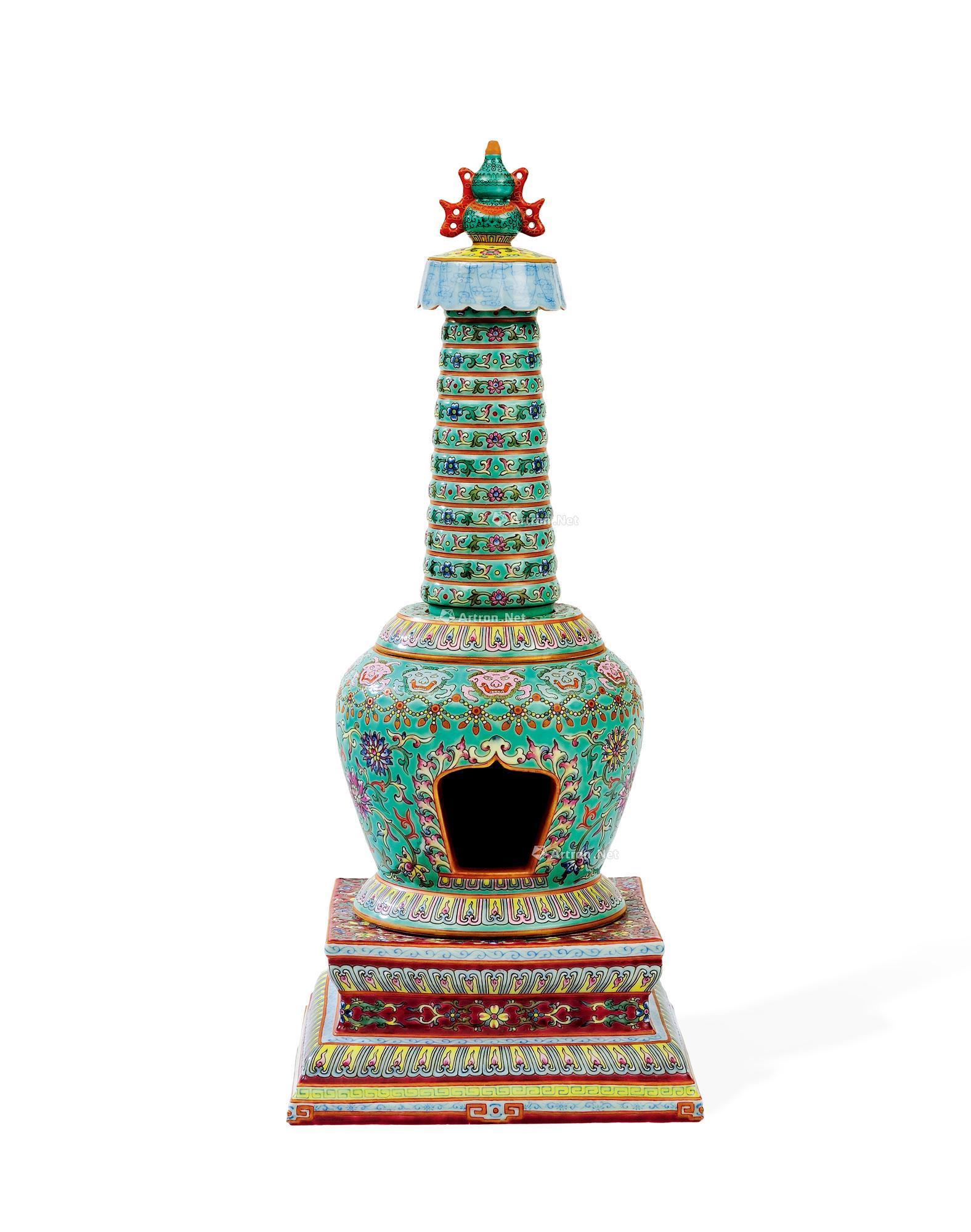 0623 仿清乾隆 粉彩绿地佛塔