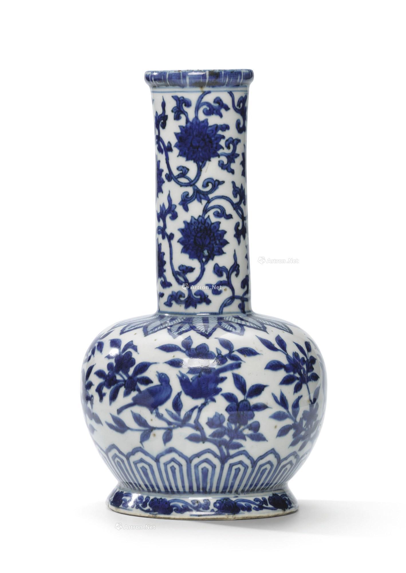 【明万历 青花花鸟缠枝莲纹长颈瓶】拍卖品_图片_价格_鉴赏_明代青花