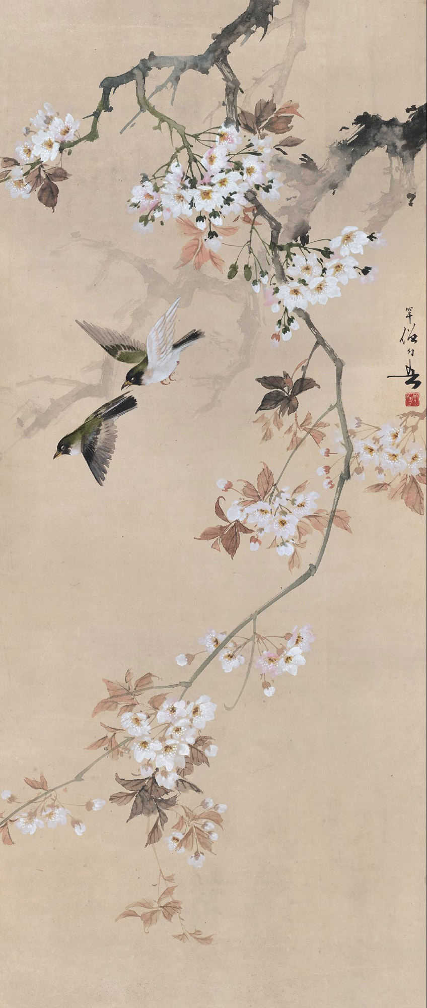 0292樱花双鸟立轴设色纸本