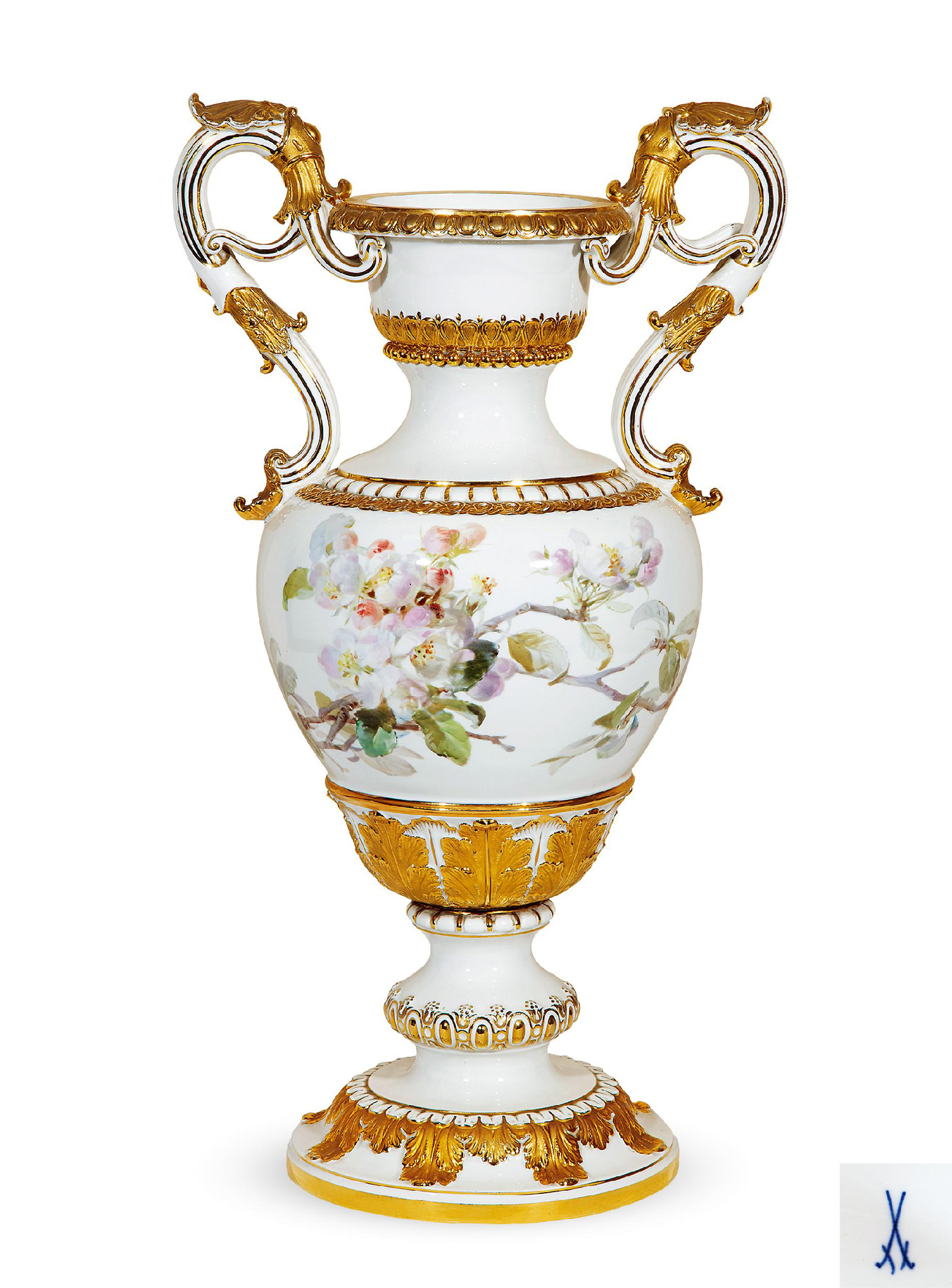 8407 19世纪 德国 meissen 彩绘描金陶瓷浮雕花瓶 梅森窑厂制