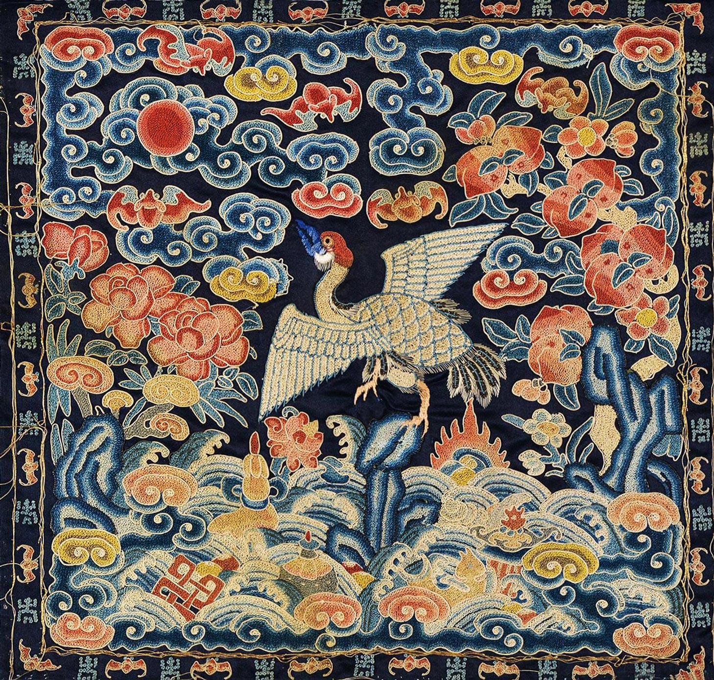 6903 清 蓝色缎打籽绣仙鹤纹补子 (一件)
