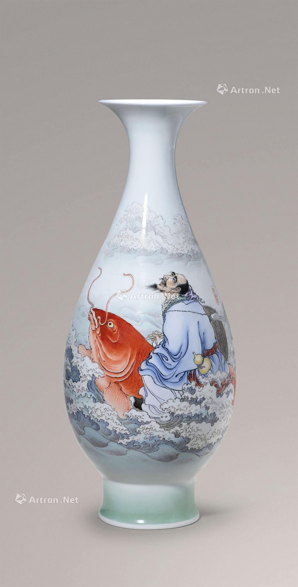 3370当代粉彩琴高跨里瓶