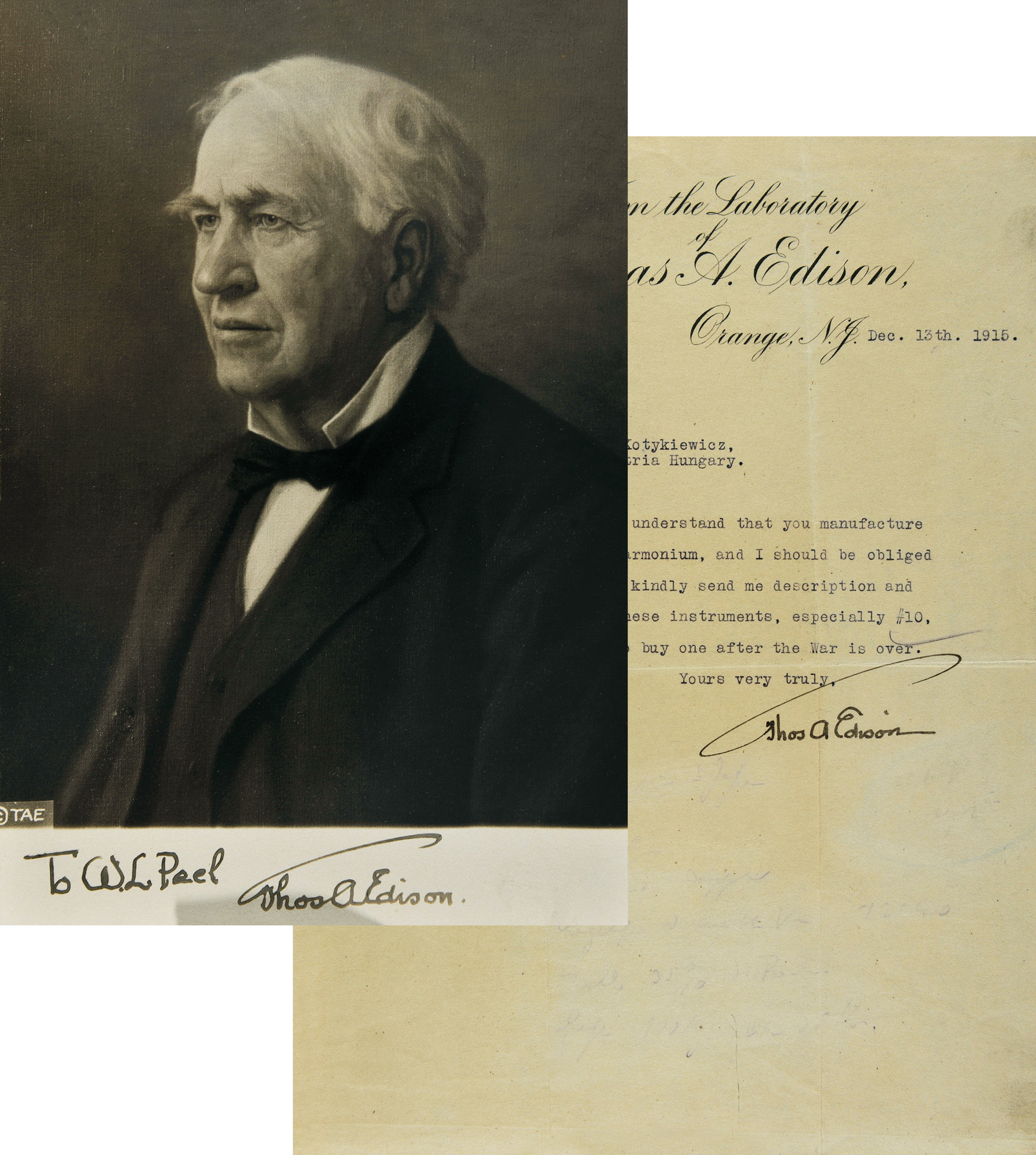 61961915年12月13美国发明家托马斯阿尔瓦爱迪生亲笔签名信函及签名