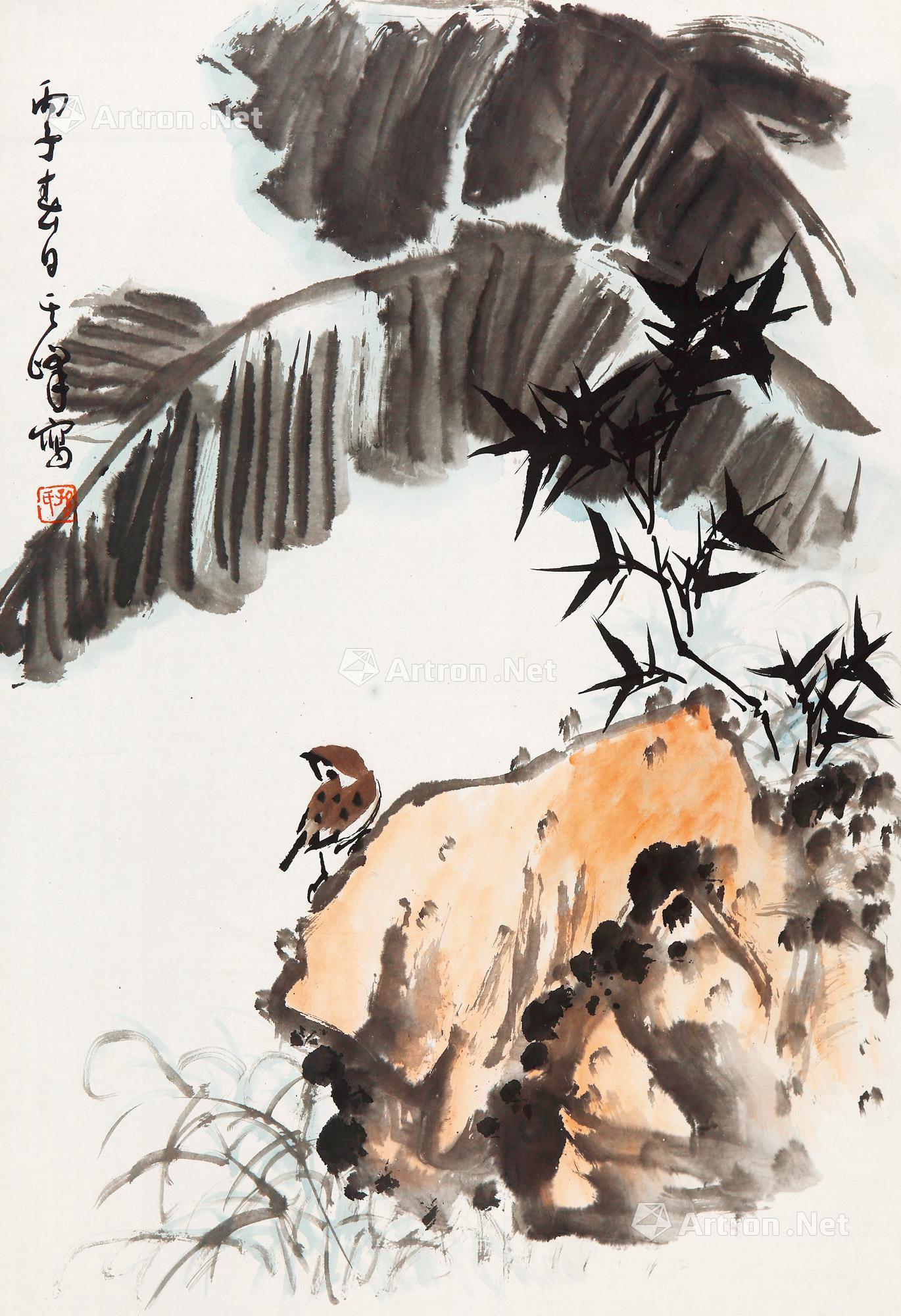01991996年作芭蕉麻雀托片设色纸本