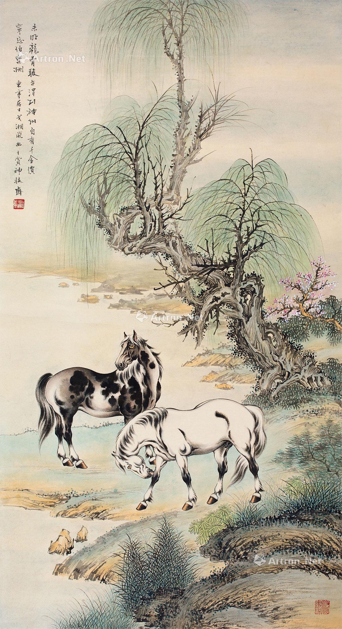 0062 双马图 立轴 纸本设色
