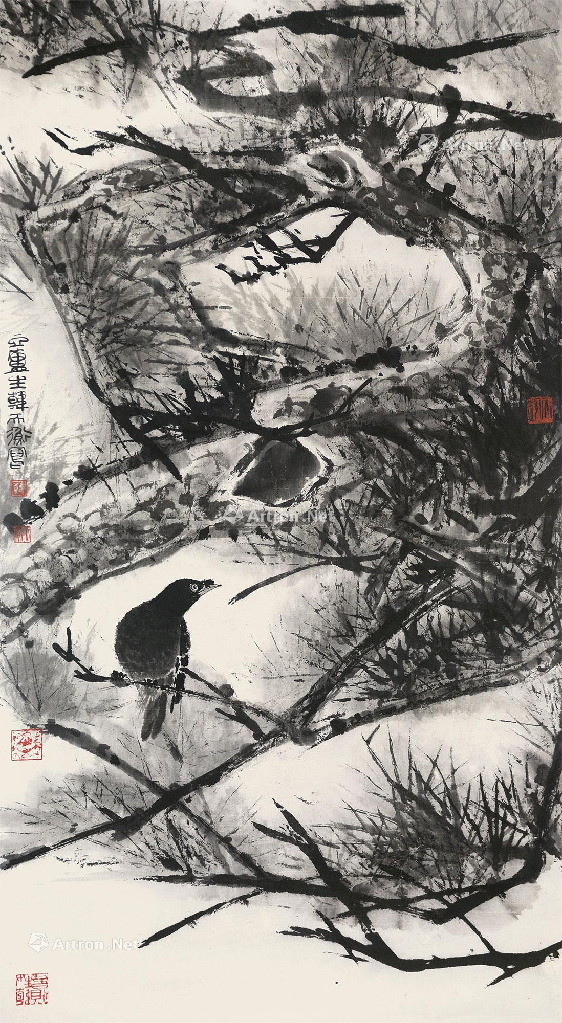 1069 松树八哥 立轴 水墨纸本