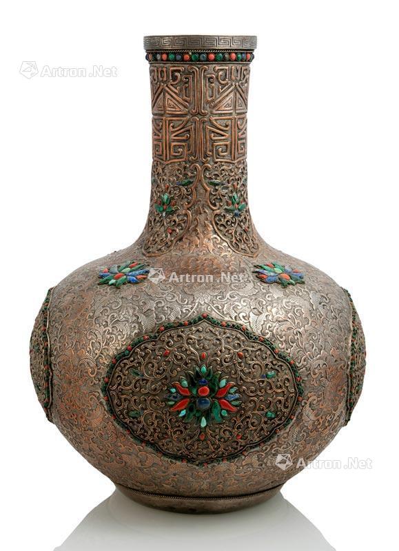 0408mongolei19jhalargesilveredcoppervasewithstoneinlays