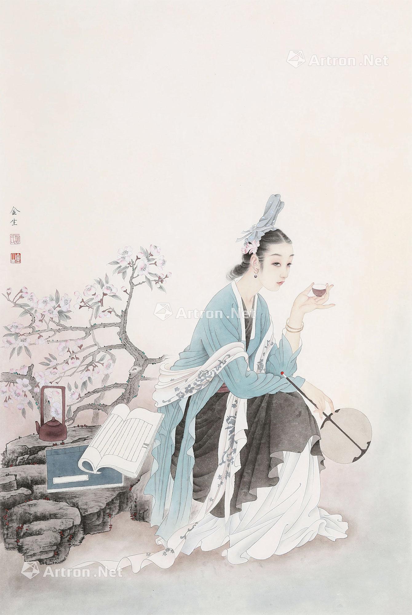 0471读书品茶图镜心纸本设色